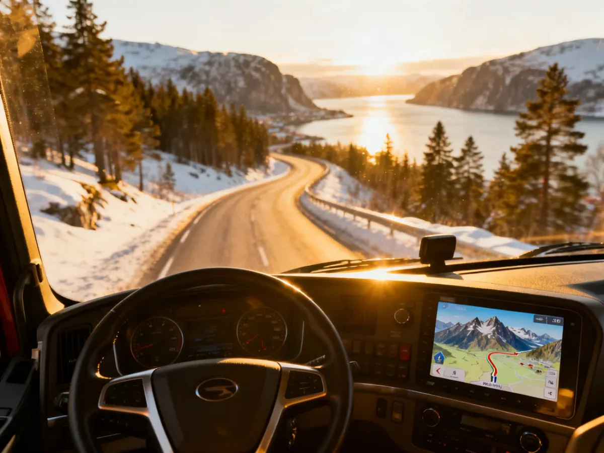 Widok z wnętrza kabiny ciężarówki na norweską trasę w zimowej scenerii z nawigacją GPS wskazującą drogę.
