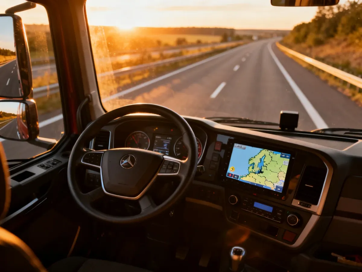 Nowoczesna kabina ciężarówki z widokiem na europejską trasę podczas zachodu słońca, symbolizująca pracę kierowcy w transporcie.