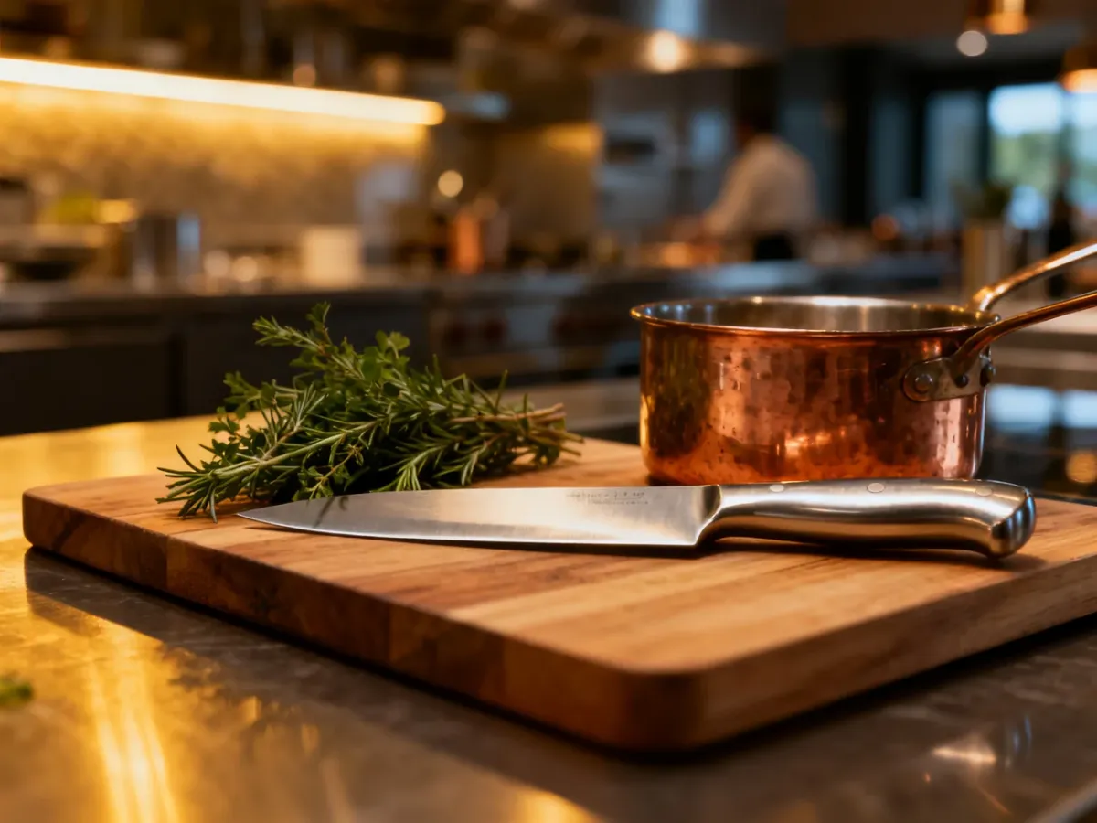 Profesjonalny nóż szefa kuchni na desce do krojenia ze świeżymi ziołami w tle nowoczesnej kuchni restauracyjnej.