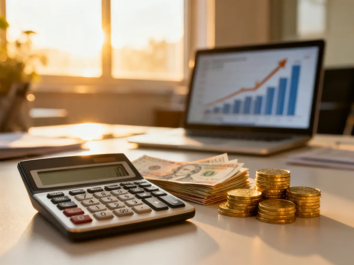 Kalkulator, banknoty i monety na biurku, symbolizujące planowanie finansów i obliczanie wynagrodzenia.