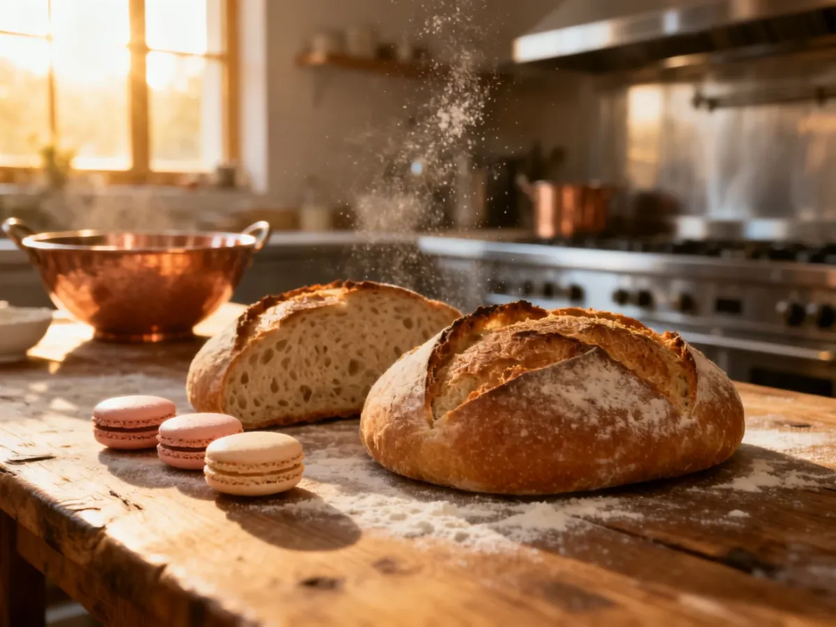 Świeżo upieczony chleb na zakwasie i francuskie makaroniki na tle profesjonalnej kuchni cukierniczej.