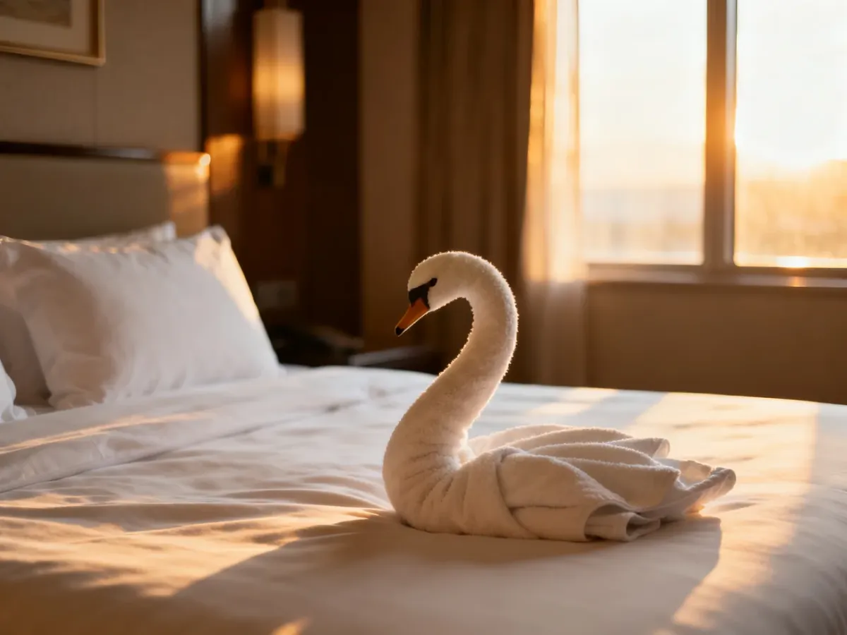 Elegancko przygotowany pokój hotelowy z łóżkiem z białą pościelą i ręcznikiem w kształcie łabędzia.