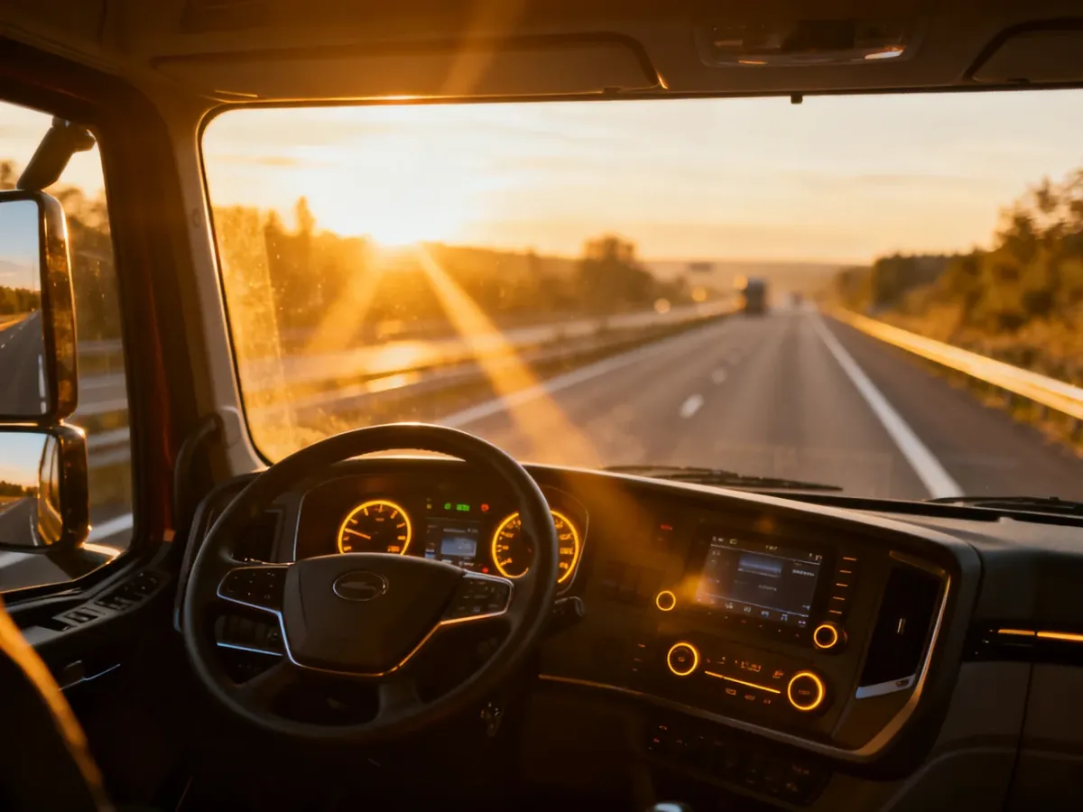 Wnętrze nowoczesnej kabiny ciężarówki z widokiem na autostradę o wschodzie słońca.