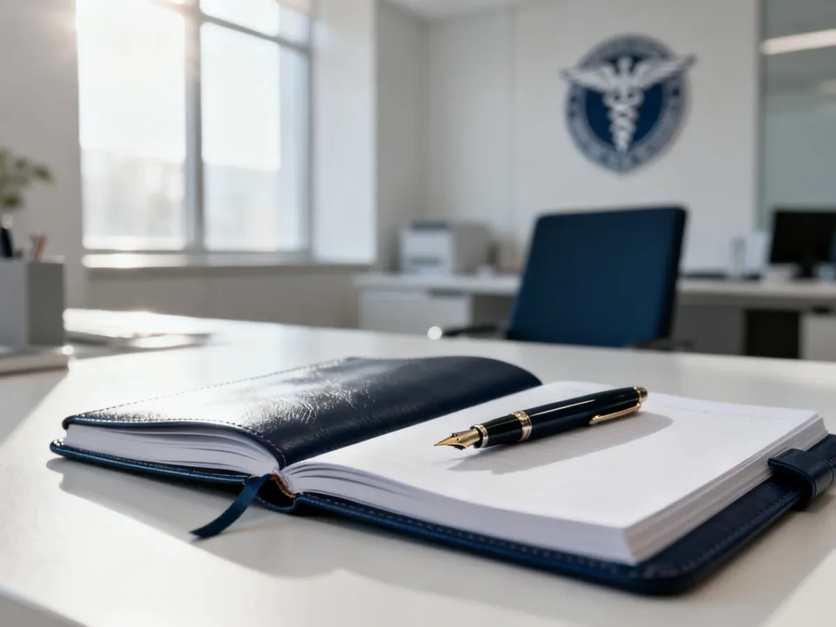 Nowoczesne biurko z notatnikiem i piórem w tle administracyjnym biura, symbolizujące profesjonalną pracę w sektorze medycznym.