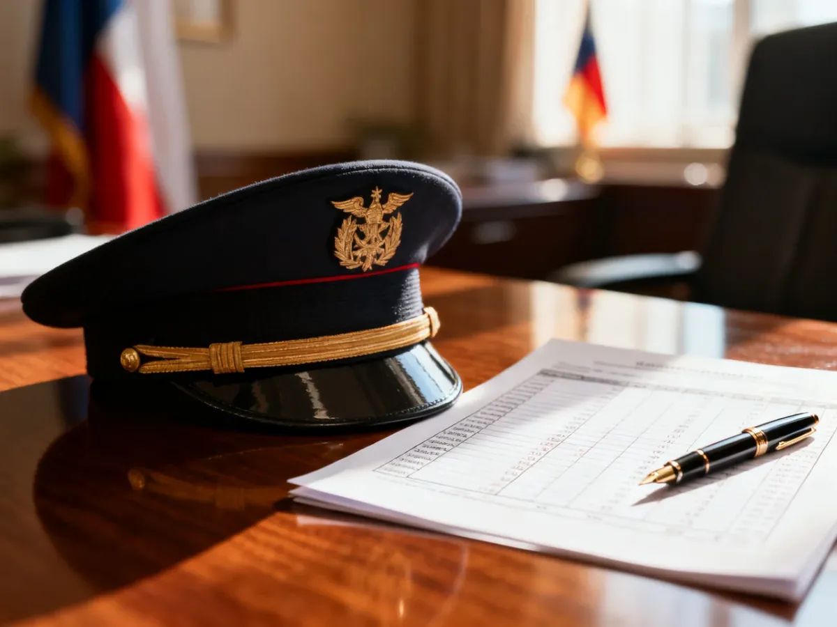 Czapka oficerska na biurku obok dokumentów finansowych, symbolizująca kwestie wynagrodzeń w wojsku.