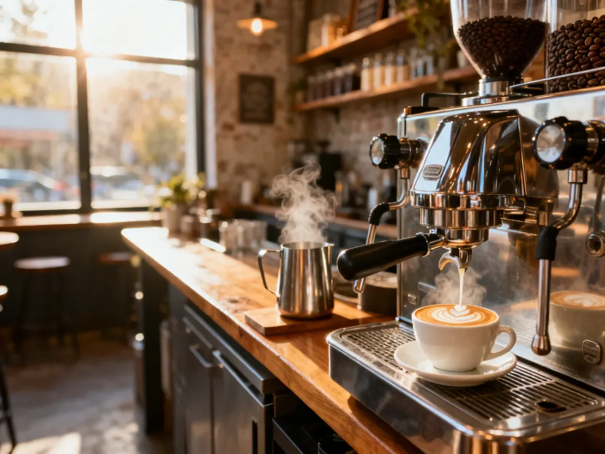 Profesjonalny ekspres do kawy z przygotowanym latte art w przytulnej kawiarni, ilustrujący codzienne środowisko pracy baristy.