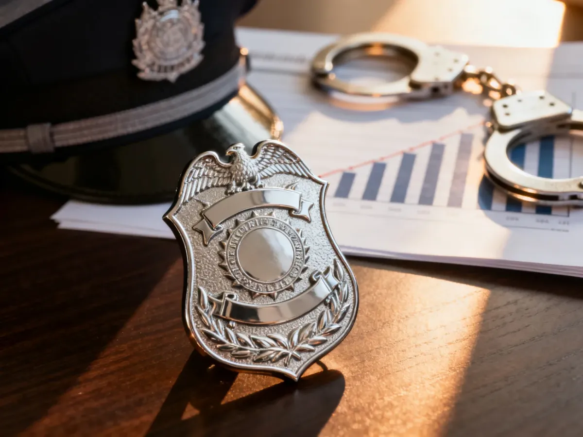 Srebrna odznaka policyjna na biurku obok dokumentów finansowych z wykresem wzrostu zarobków.