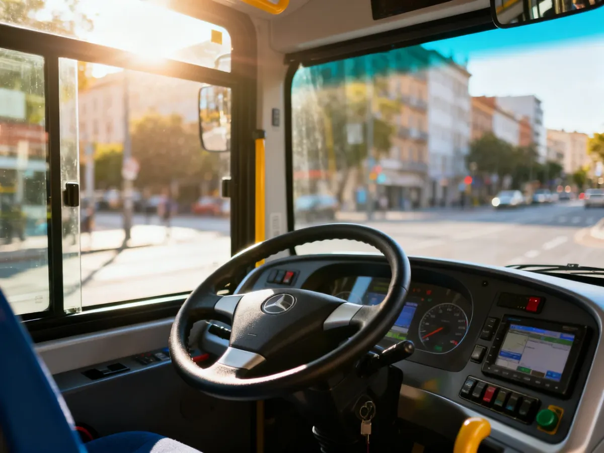 Nowoczesna deska rozdzielcza autobusu miejskiego z widokiem na słoneczną ulicę przez przednią szybę.