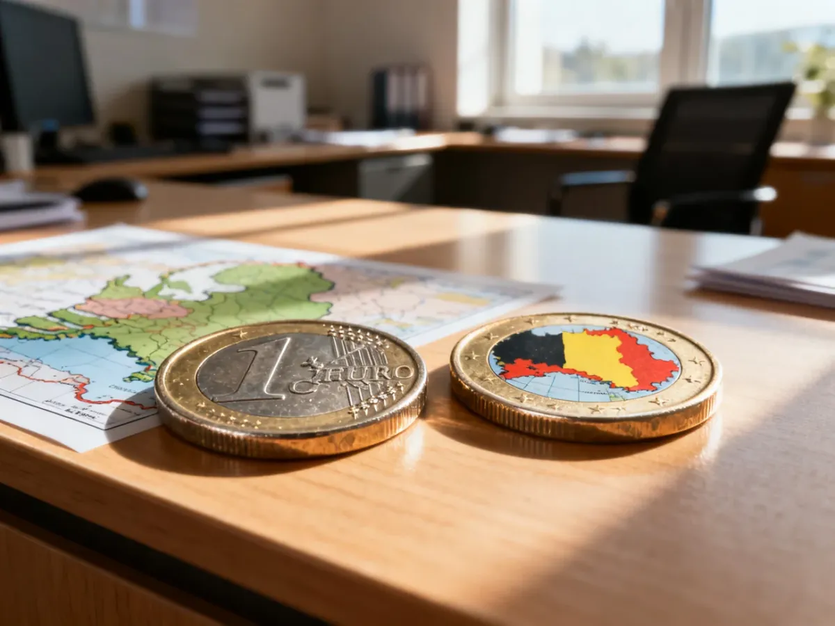 Dwie monety euro na biurku na tle zarysów map Holandii i Belgii, symbolizujące porównanie zarobków w obu krajach.