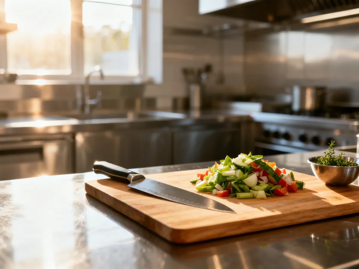 Profesjonalne stanowisko pracy pomocy kuchennej z deską do krojenia, świeżymi warzywami i nożem w nowoczesnej kuchni restauracyjnej.