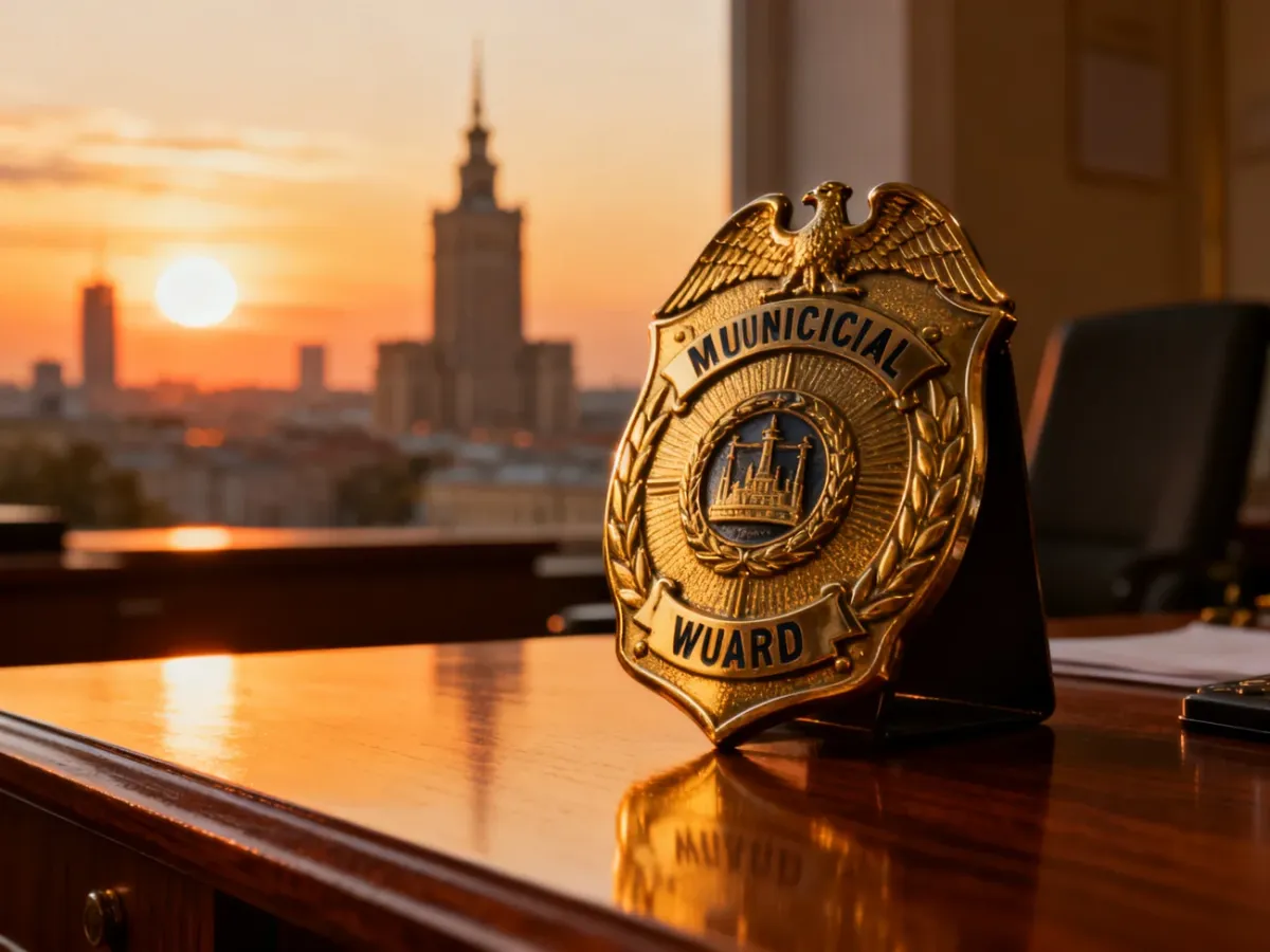 Metalowa odznaka strażnika miejskiego na drewnianym biurku na tle rozmytej panoramy Warszawy o zachodzie słońca.