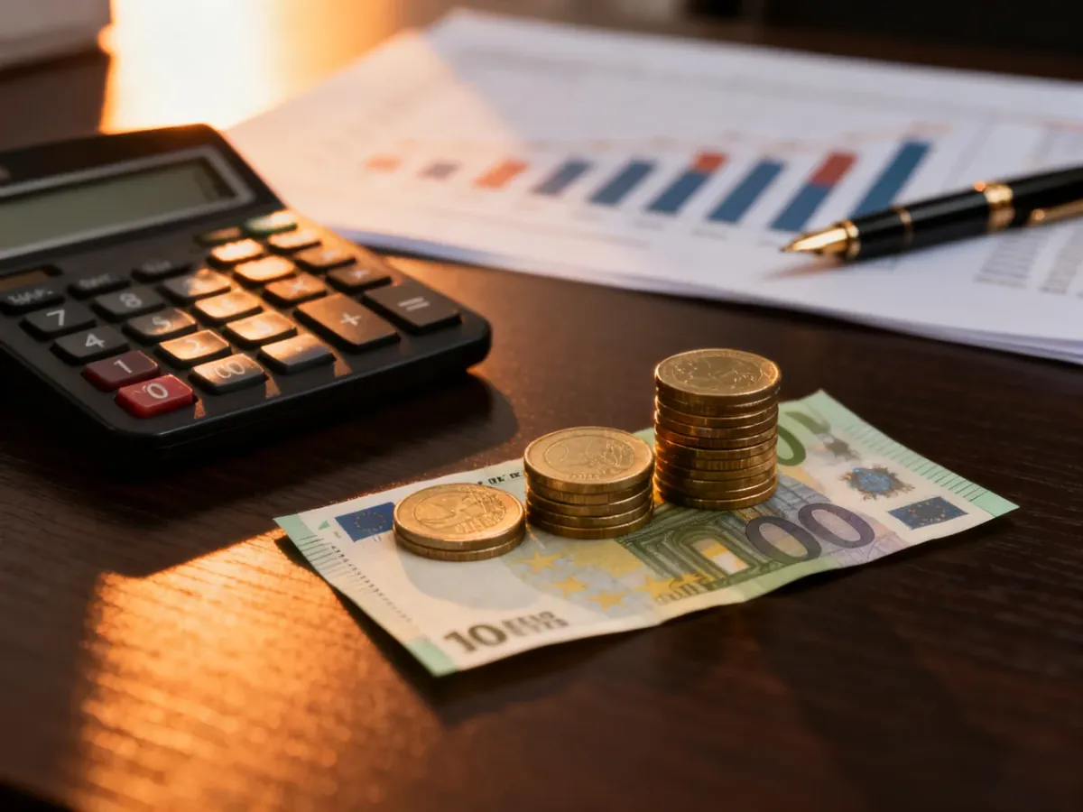 Kalkulator, monety i banknot na biurku, symbolizujące obliczenia finansowe i planowanie budżetu.