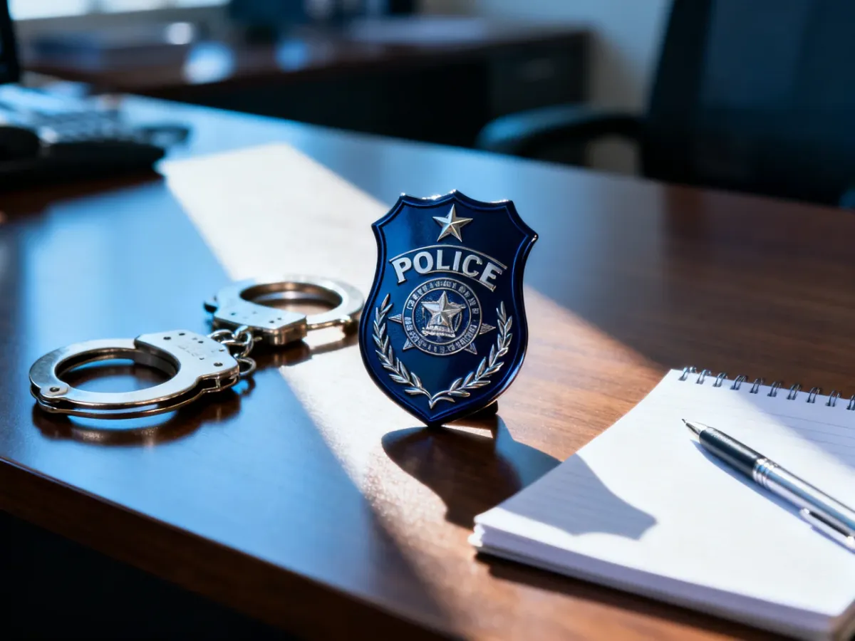 Odznaka policyjna, kajdanki i notatnik na biurku, symbolizujące codzienną pracę funkcjonariusza policji.