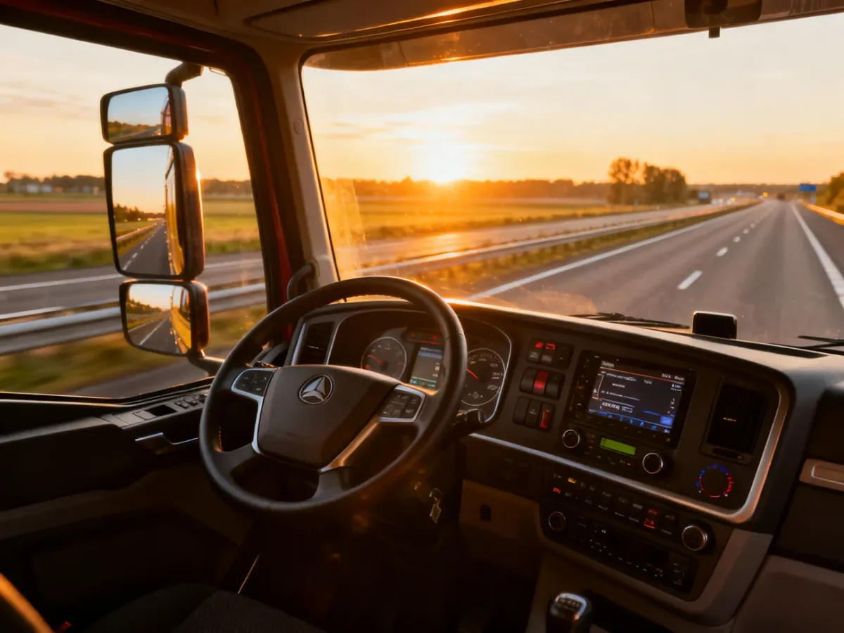 Nowoczesna kabina ciężarówki z widokiem na holenderską autostradę o wschodzie słońca.