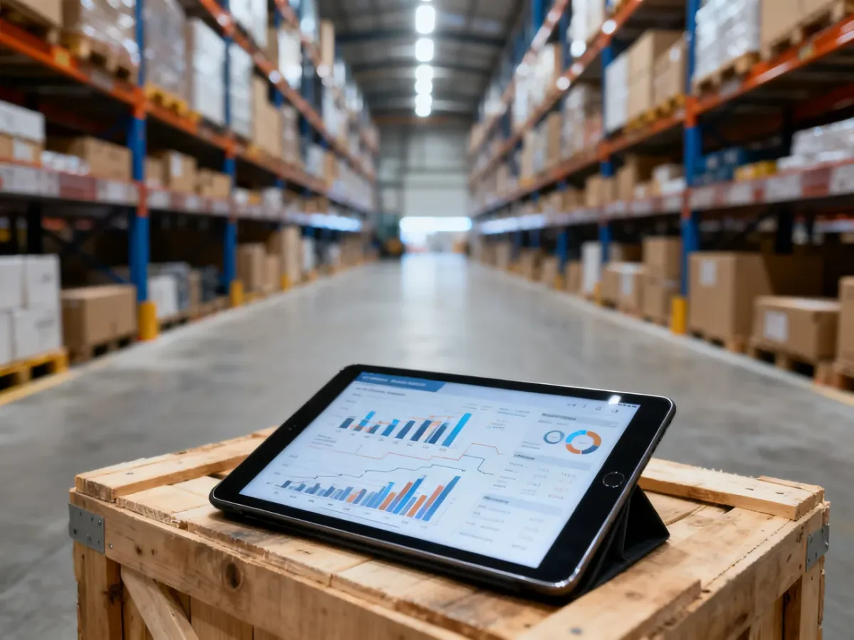 Tablet z wykresami łańcucha dostaw na tle uporządkowanego magazynu logistycznego w firmie produkcyjnej.