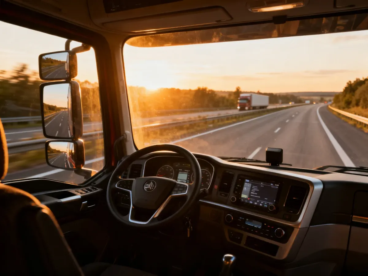 Wnętrze nowoczesnej kabiny ciężarówki z widokiem na niemiecką autostradę o zachodzie słońca.