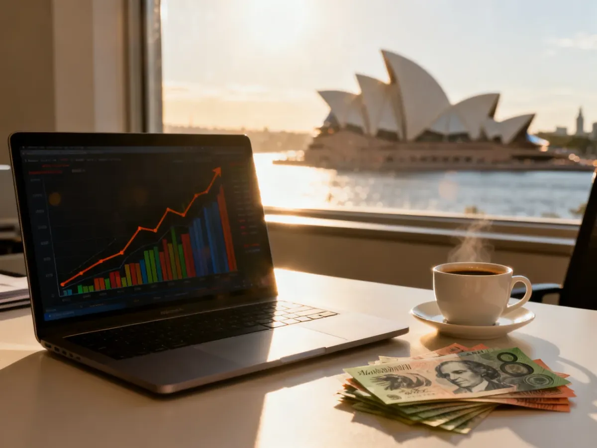 Nowoczesne biurko z laptopem pokazującym wykresy finansowe, banknotami dolarów australijskich i widokiem na Sydney w tle.