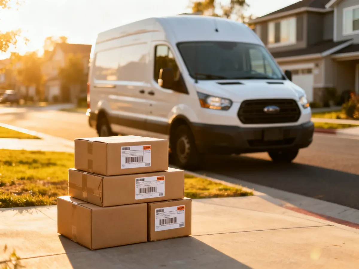 Kurier DHL dostarczający paczki na tle nowoczesnego osiedla domów jednorodzinnych w słoneczny poranek.