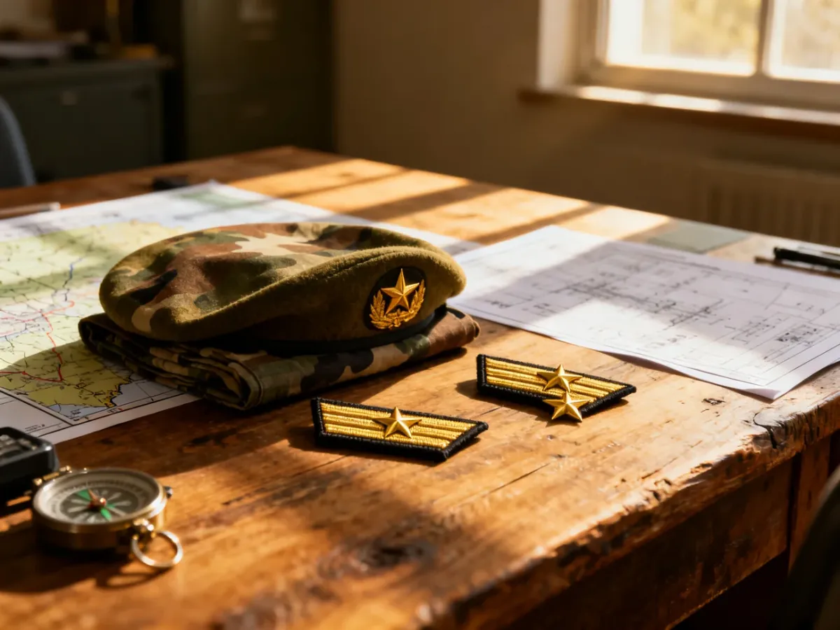 Złote dystynkcje wojskowe i beret na drewnianym biurku z mapą w tle, symbolizujące ścieżkę awansu zawodowego żołnierza.