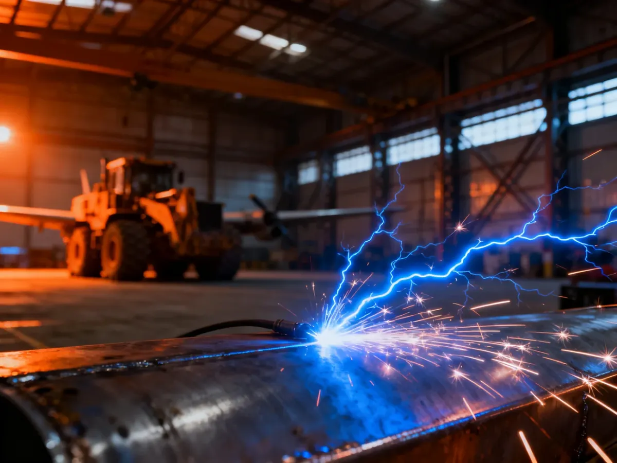 Profesjonalny warsztat spawalniczy z widocznym łukiem elektrycznym podczas pracy nad metalowym elementem.