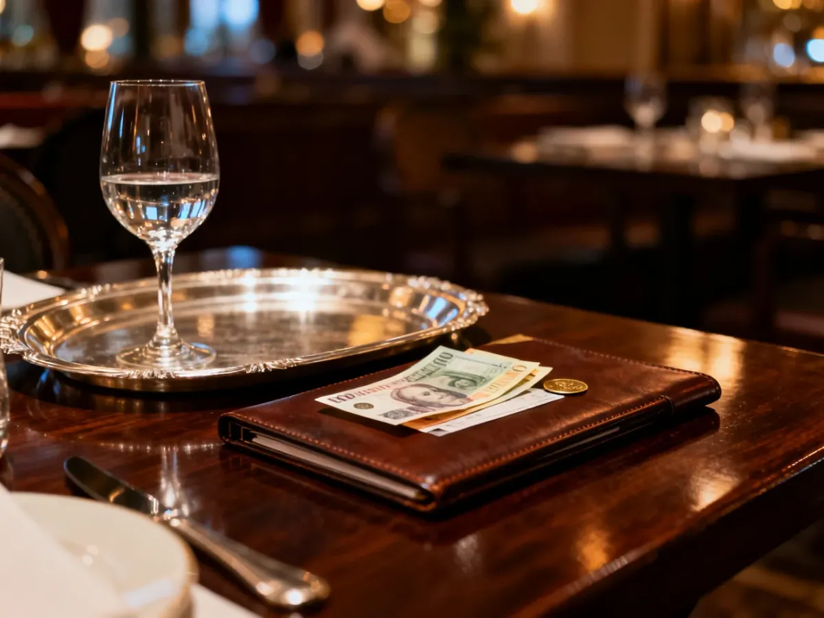 Srebrna taca z rachunkiem i napiwkiem na eleganckim stole w restauracji, symbolizująca zarobki kelnera.