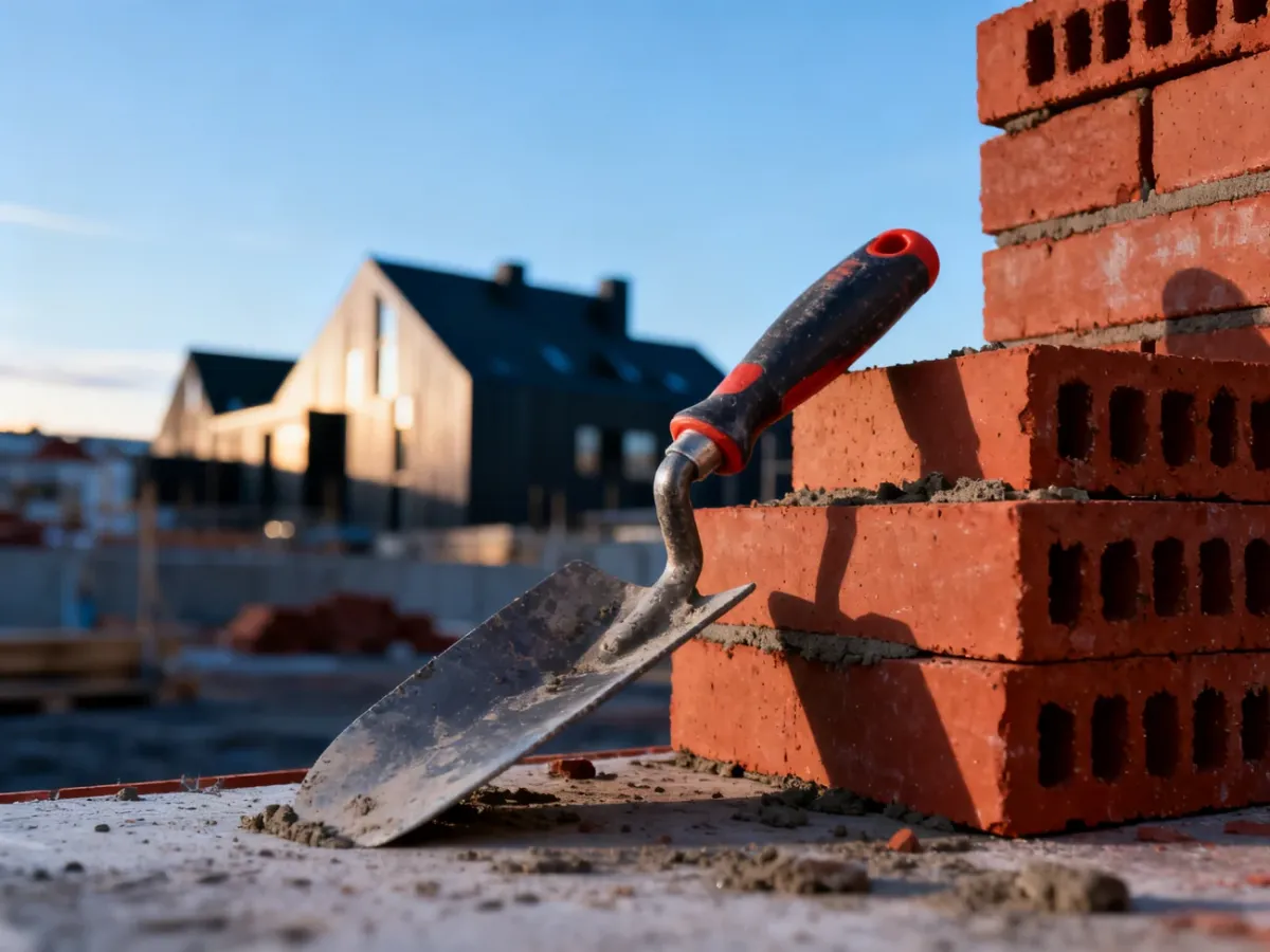 Profesjonalne narzędzia murarskie i stos czerwonych cegieł na tle nowoczesnej norweskiej architektury.