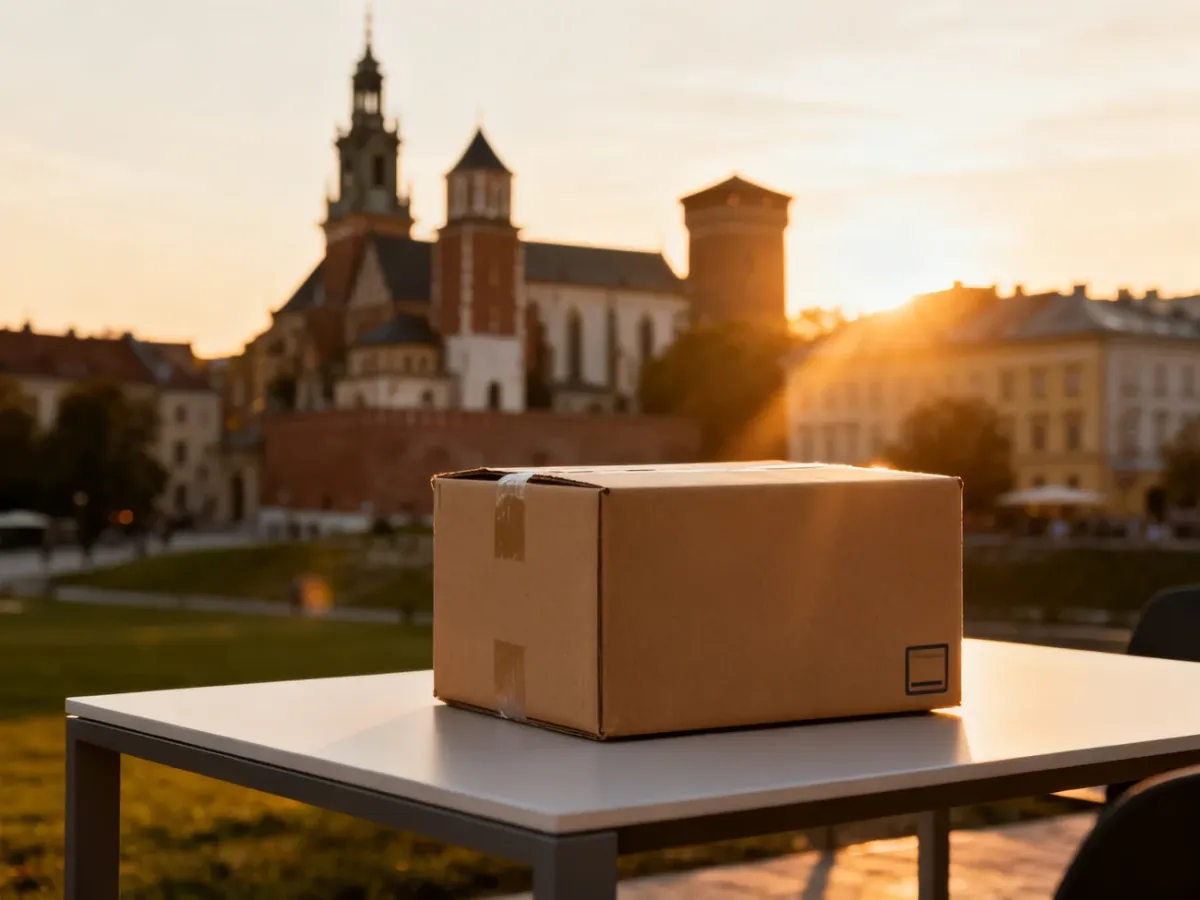 Paczka kurierska na stole na tle zamku na Wawelu w Krakowie podczas zachodu słońca.