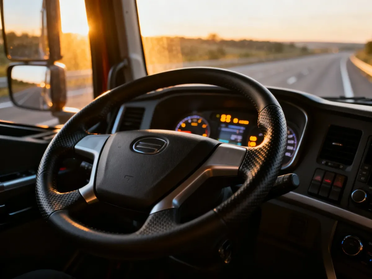 Wnętrze nowoczesnej kabiny ciężarówki z widokiem na autostradę o świcie, podkreślające codzienną pracę kierowcy zawodowego.