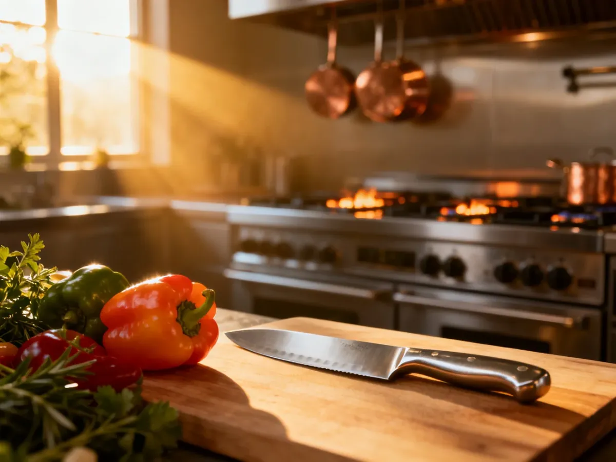 Nóż szefa kuchni na desce do krojenia w profesjonalnej restauracyjnej kuchni w otoczeniu świeżych warzyw.